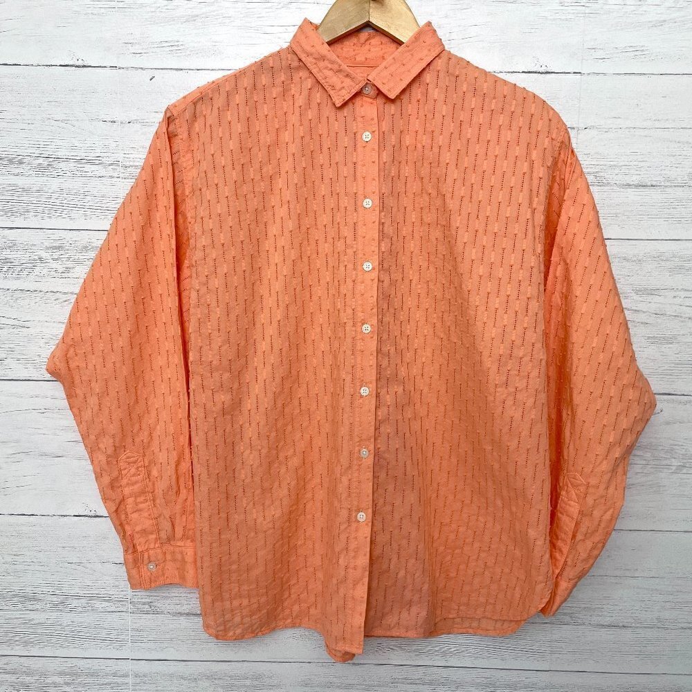LOFT Women's Orange Shirt Swiss Dot Print Button Front Long Sleeves size Small